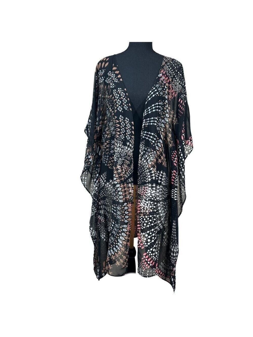 Patrons of Peace Black Pink Sheer White Lotus Kimono Beach Cover-Up One Size